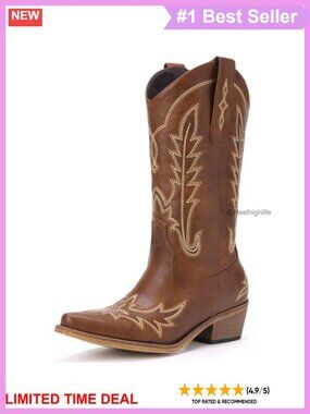 Women's Embroidered Western Cowboy Boots Chunky Heel Pointed Toe Mid-Calf